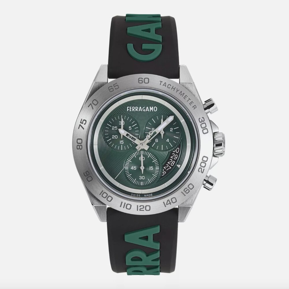 NEW Ferragamo Mens 43mm Green Letter Watch